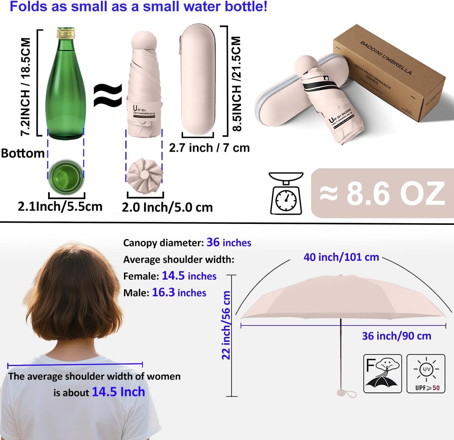 BAODINI Travel Essentials Mini Umbrella for Purse With Case Small Compact UV Sun Protection Lightweight Tiny Pocket Manual Open Close Umbrella for Women Kids and Men Fit Purse Backpack