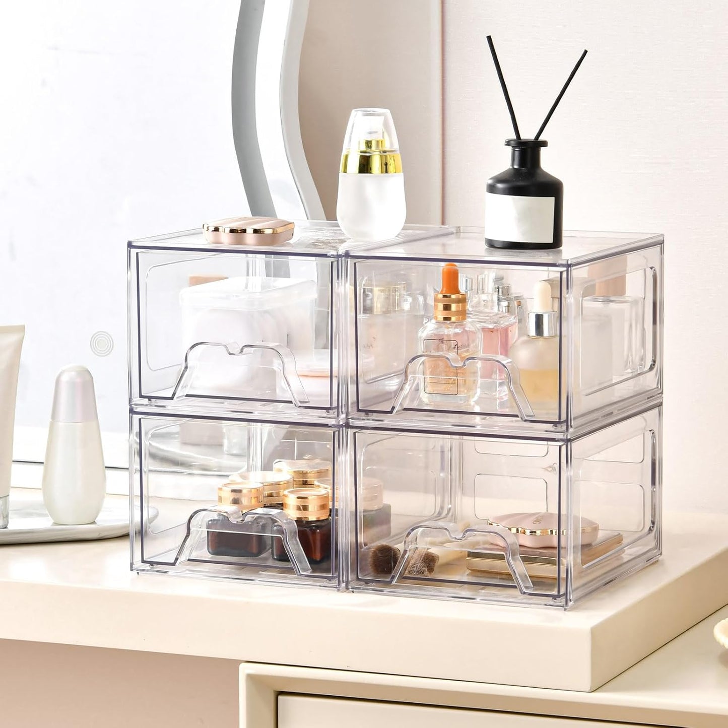 8 Pack Stackable Makeup Organizer, 4.4'' Tall Acrylic Bathroom Makeup Organizer and Storage Drawer with Pull-out Handle, Clear Plastic Storage Bins for Vanity,Pantry,Desk,Undersink,Kitchen