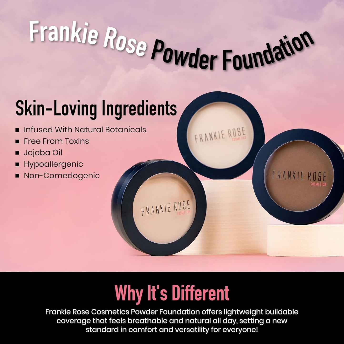 Frankie Rose Cosmetics Powder Foundation – Full Coverage Face Powder For Pores & Imperfections, Evens Out Skin Tone & Shine-Control | 58 Grams (Porcelain)