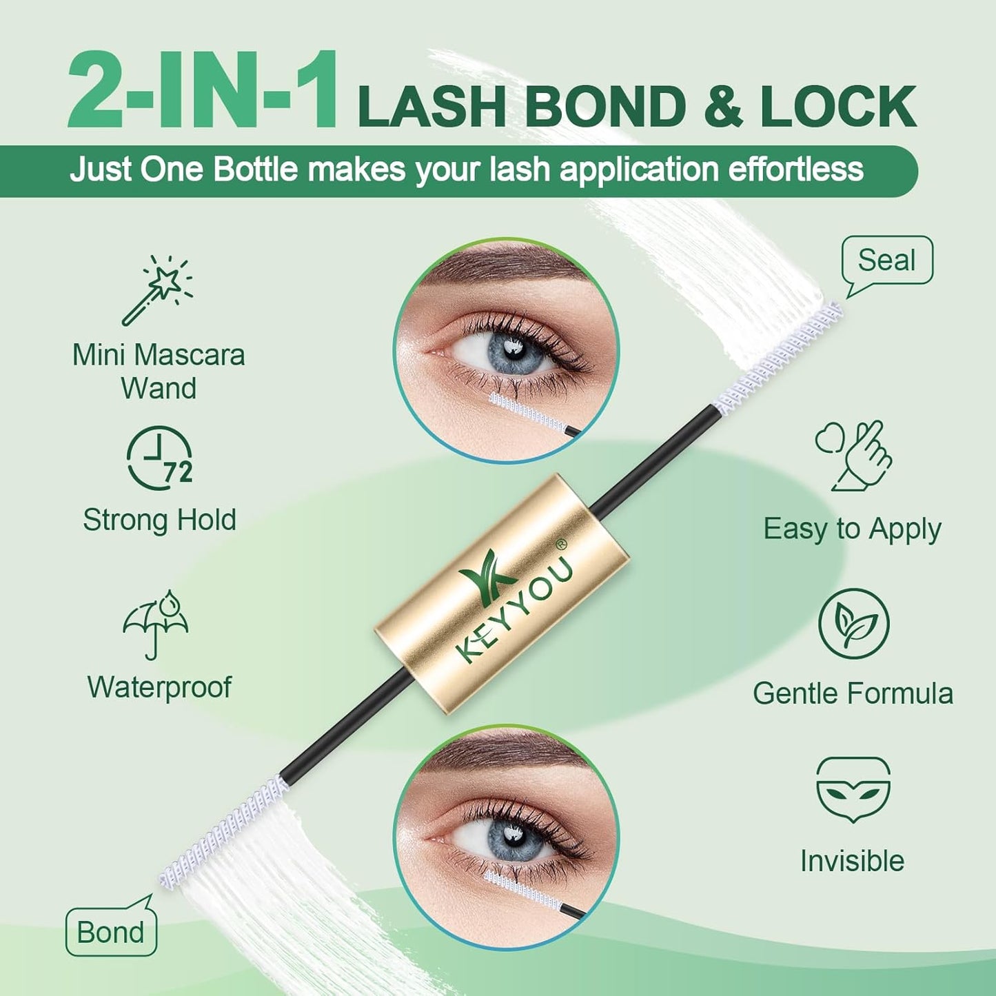 KEYYOU Lash Bond and Seal Cluster Lash Glue For Lash Clusters Strong Gentle Comfortable Bond and Seal WaterProof Mascara Wand Individual Lash Glue 5ml+5ml(CLEAR)