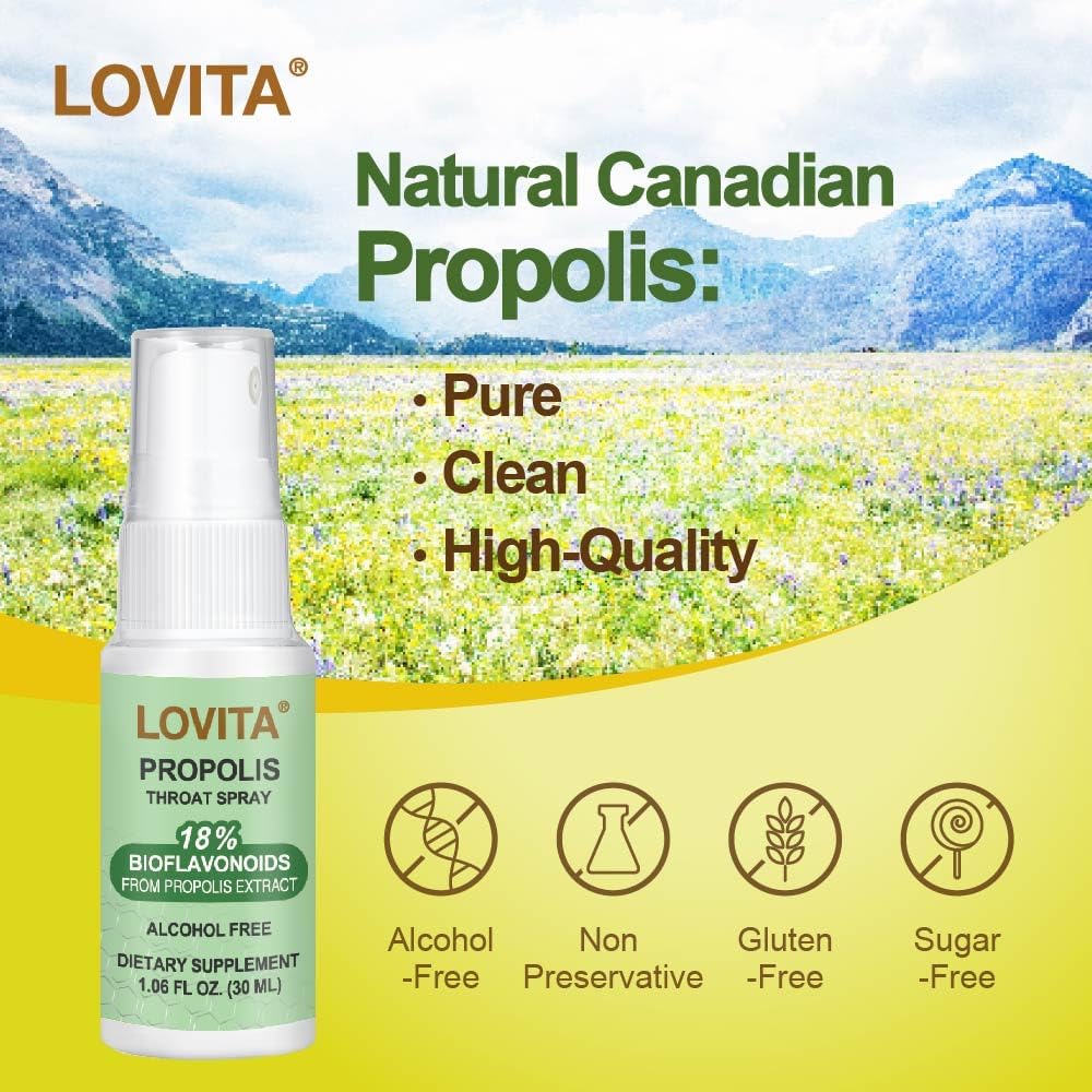 Lovita Bee Propolis Throat Spray, 18% Bioflavonoids, Alcohol-Free, Immune Support, Throat Soothing, Antioxidant, Gentle Taste, 1 Fl Oz (Pack of 1)