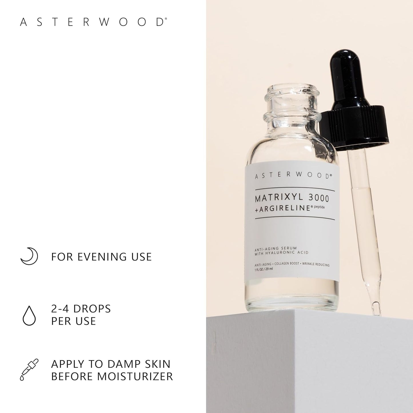 Asterwood Matrixyl 3000 + Argireline Serum with Hyaluronic Acid - Anti-Aging, Wrinkle Reducing, Collagen Boosting - Fragrance-Free - 2 Fl Oz