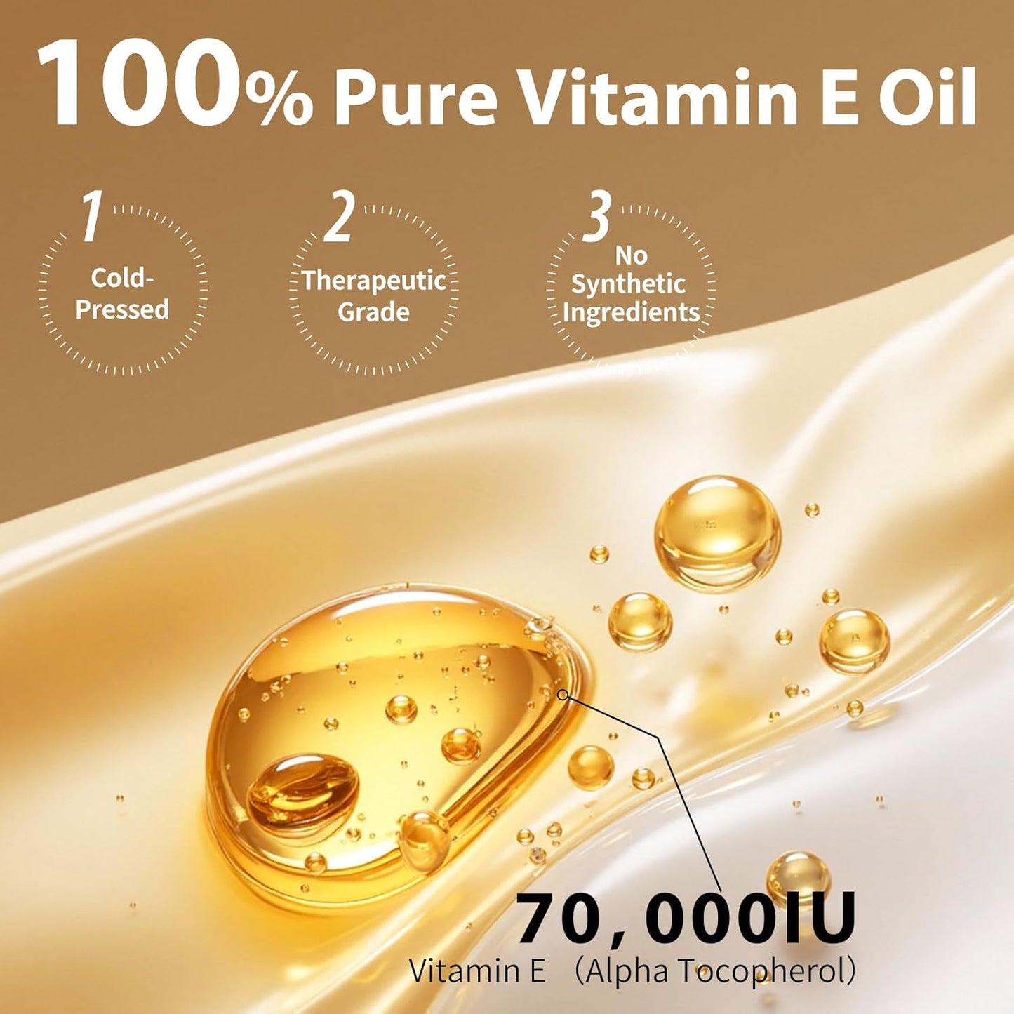 100% Pure Vitamin E Oil, 70,000 IU Organic Vitamin E for Scars, Skin, Face, Nails & Hair, Cold-Pressed Body Oil Nourishes & Moisturizes All Skin Types for Improving Skin Texture