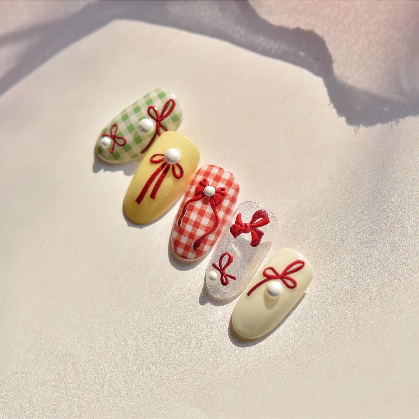 Bow Nail Art Stickers 5D Embossed Nail Decals Self Adhesive Red Nail Sticker for Nail Art Pearl Design for Women Girls Supplies Nail Art Decorations Accessories