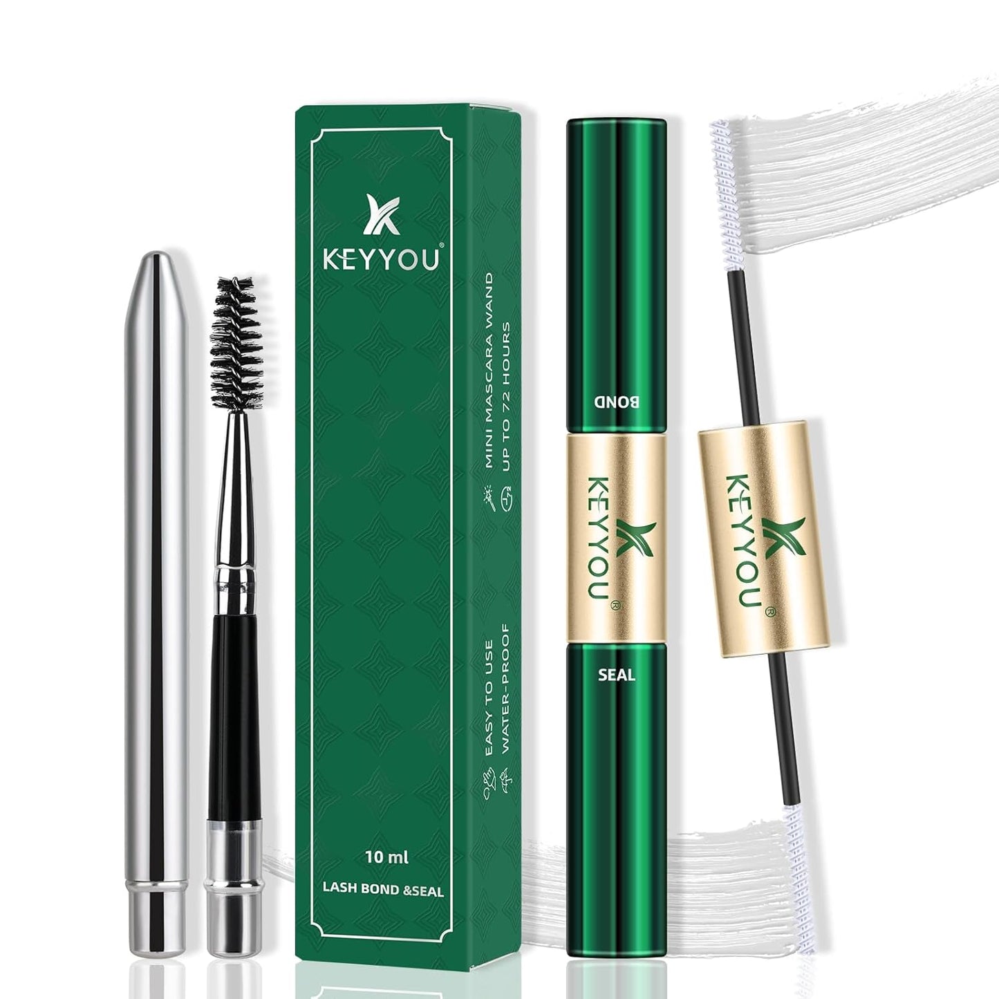 KEYYOU Lash Bond and Seal Cluster Lash Glue For Lash Clusters Strong Gentle Comfortable Bond and Seal WaterProof Mascara Wand Individual Lash Glue 5ml+5ml(CLEAR)