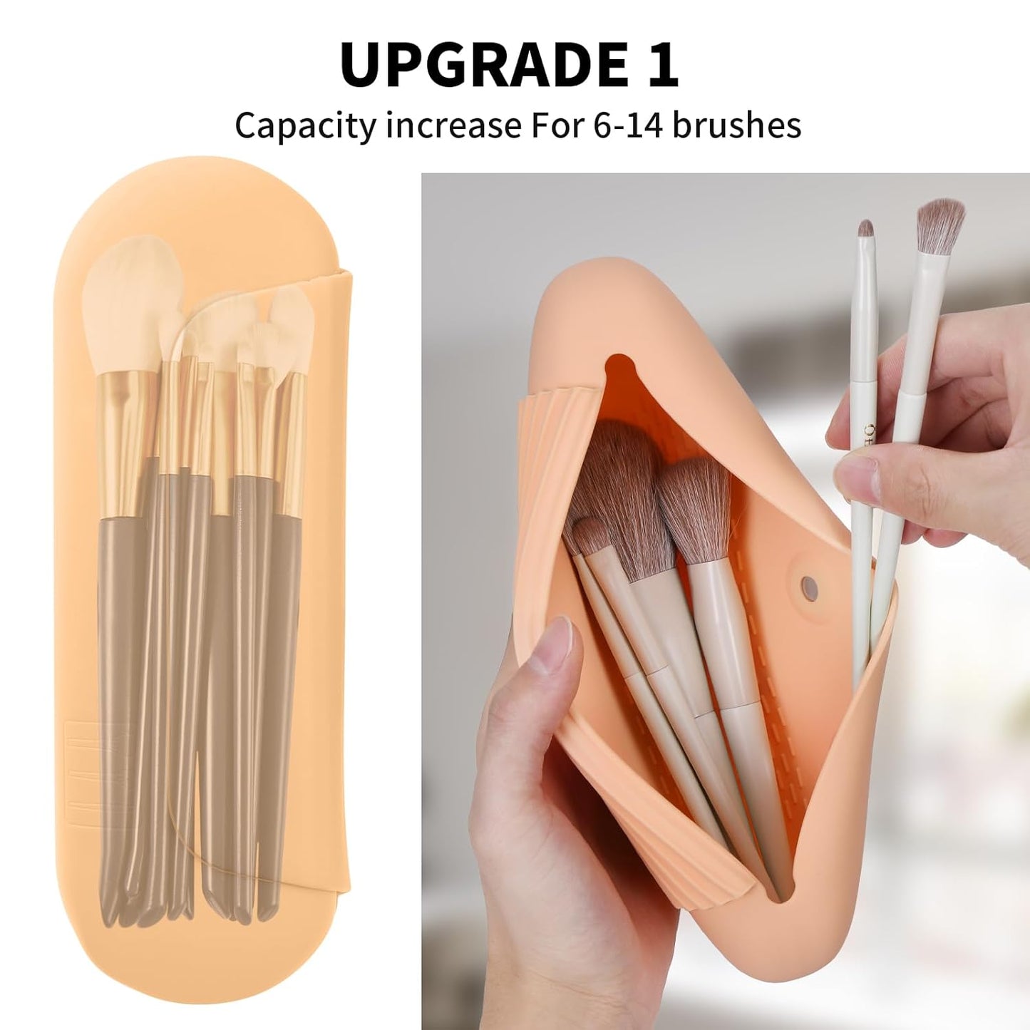 Silicone Makeup Brush Holder Travel Cosmetic Bag:Soft Portable Cosmetic Face Brushes Holder with Upgrade Anti-Fall Out Magnetic Closure, Large Travel Makeup Brush Case - Melon
