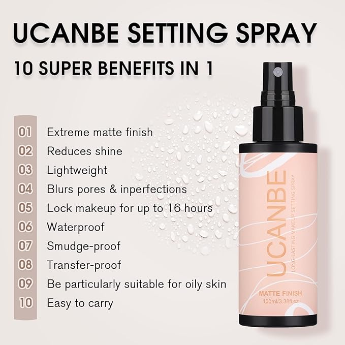 Long Lasting Makeup Setting Spray Kit - 3.38 Fl oz Super Matte Finish Setting Mist Lightweight Face Make up Fixer for Oily Skin + 1PC Sponge Puff + 1PC Powder Puff
