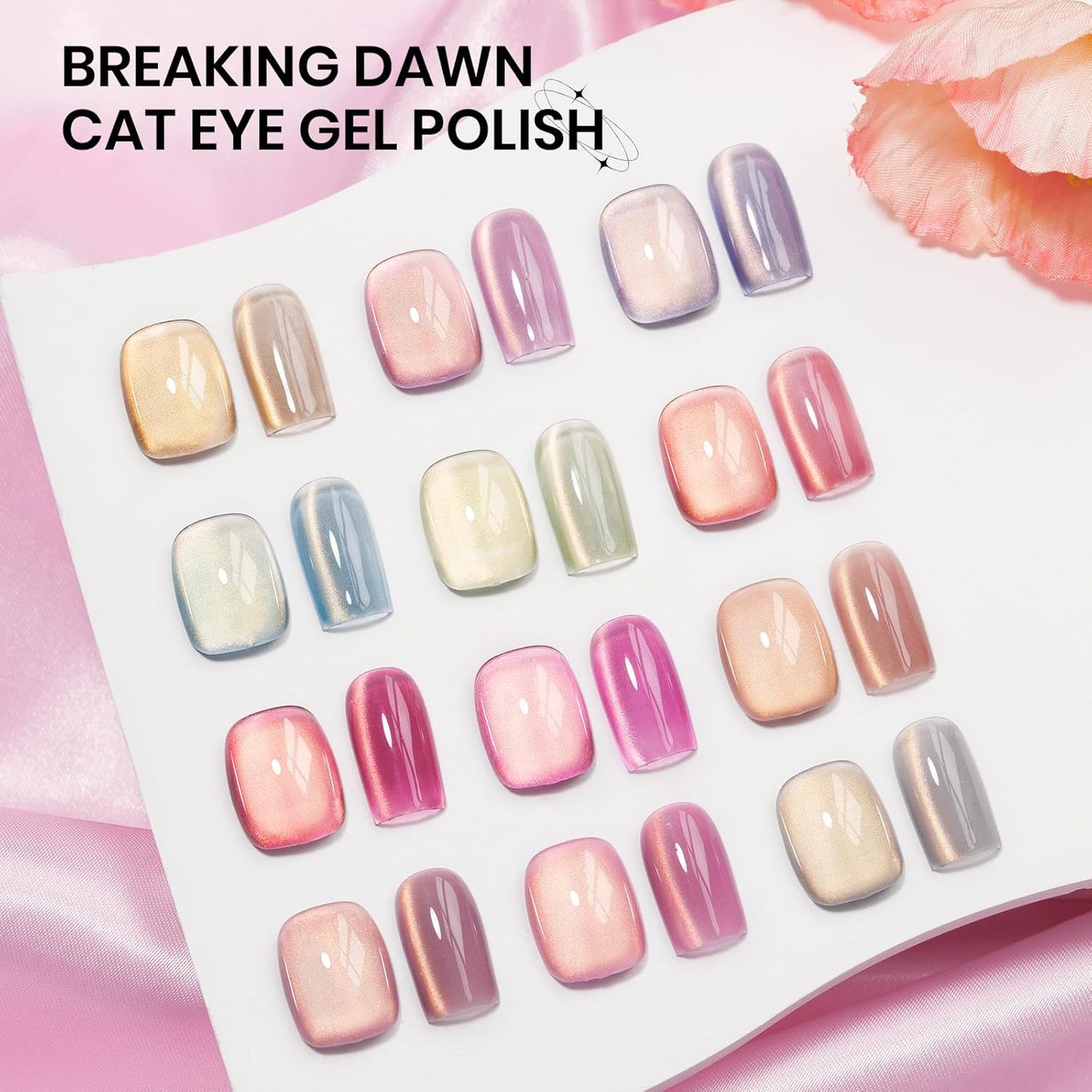 Cat Eye Gel Nail Polish Set, 12 Colors Magnetic Cateye Gel Polish with Magnet Holographic Gold Glitter Pink Purple Blue Summer Color Cat Eye Effect Soak Off Lamp for DIY Salon Manicure at Home