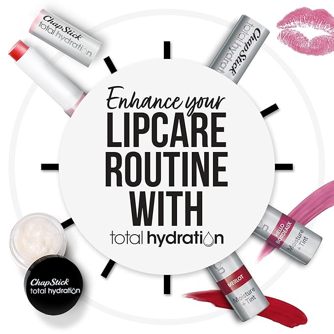 ChapStick Total Hydration Tinted Lip Balm Tubes and Lip Scrub Regimen Pack, Tinted Lip Moisturizer and Exfoliator - 0.12 Oz Lip Balm (4 Count) and 0.27 Oz Lip Scrub