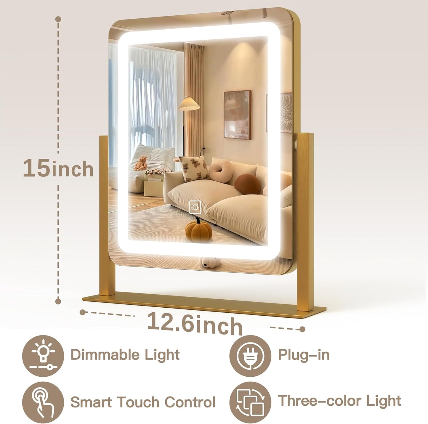 Vanity Mirror with Lights, 12.6"×15" LED Makeup Mirror, Lighted Makeup Mirror with Lights, Smart Touch Control Dimmable 3 Modes Light, Lighted Up Mirror for Makeup Desk, Gold