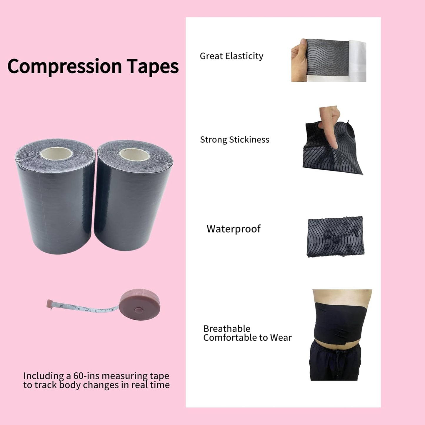 Body Stomach Compression Tape- Extra Wide Kaotic Magic Tape for Workout& Sweater Enhancer& Skin Protection (Black/10CM*5M) (2 Rolls)