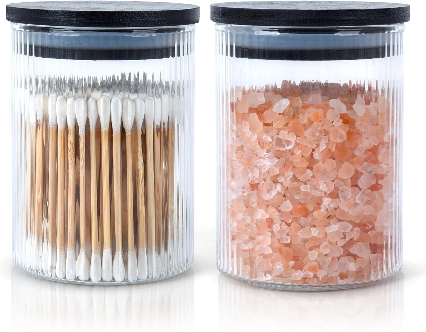 2 Pack Ribbed Glass Qtip Holder Dispenser Set - Apothecary Jars with Lids - Bathroom Canister Storage Organizer and Vanity Makeup Organizer for Cotton Ball, Cotton Swab, Cotton Round Pads,Floss