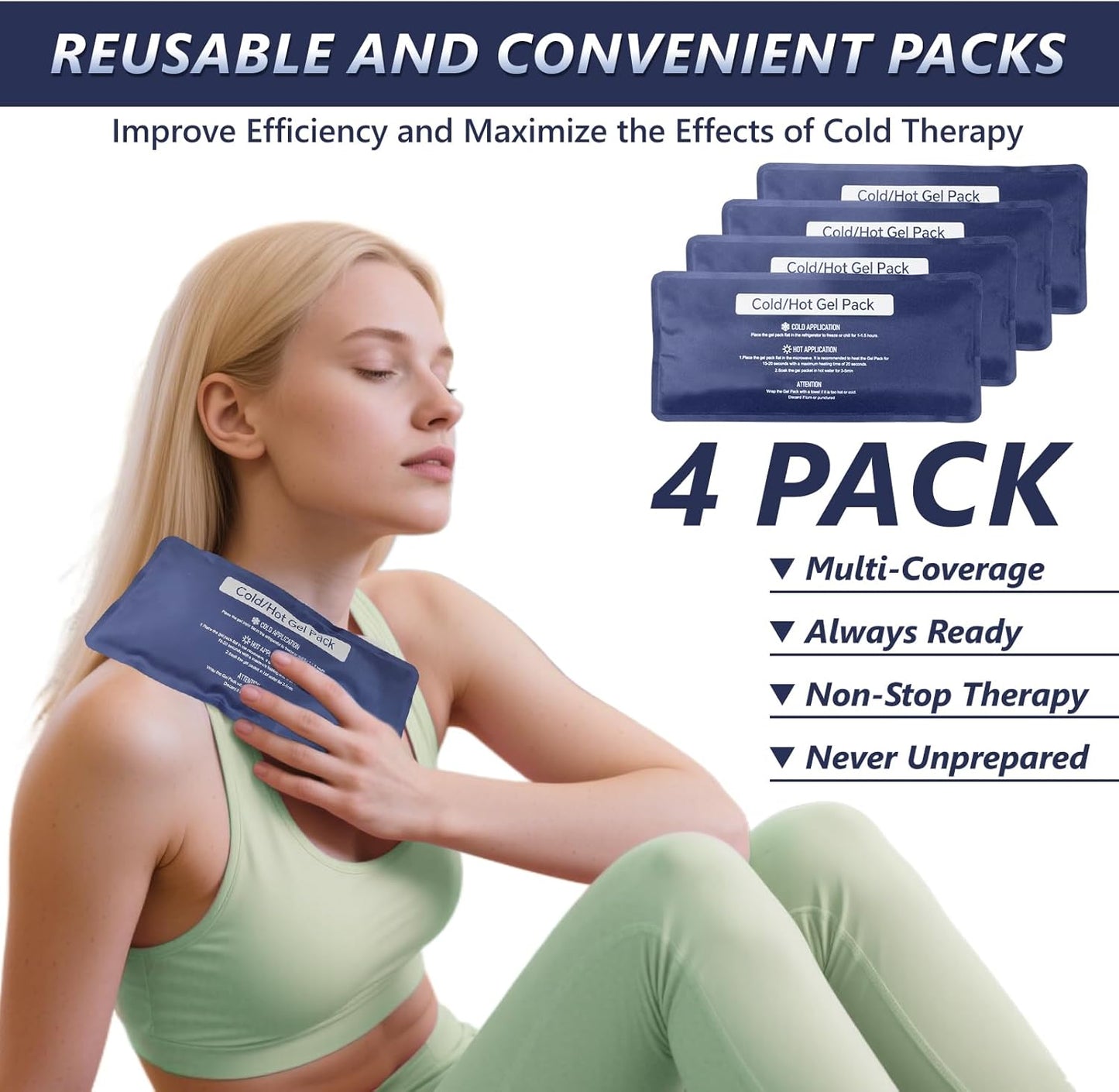 Reusable Gel Soft Ice Packs for Injuries, 4 Pack Flexible Hot and Cold Packs with Strap for Knees, Back, Face, Joint & Muscle Pain Relief (Small 4.33"x 9.45")