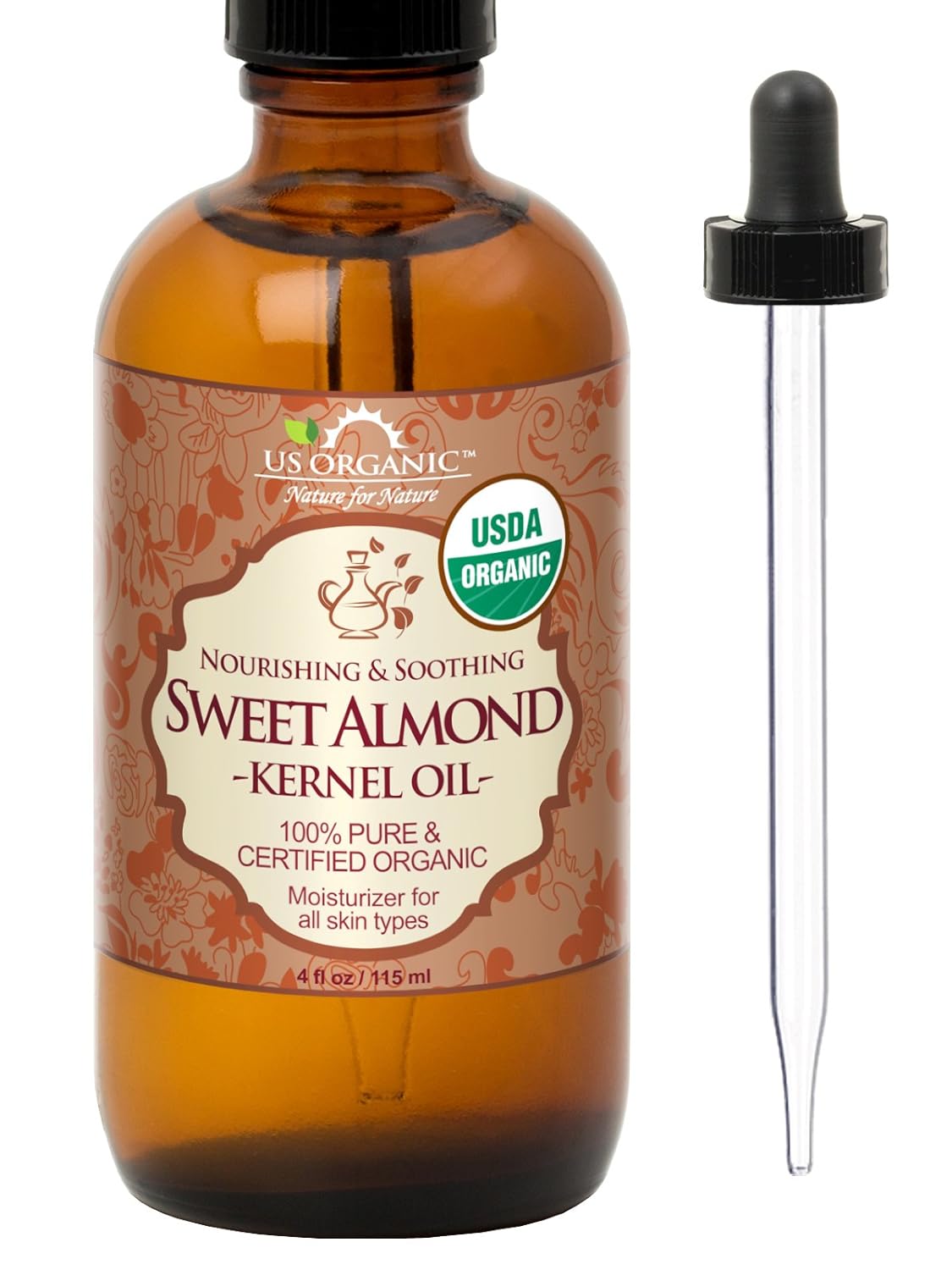 US Organic Sweet Almond Kernel Oil, USDA Certified Organic,100% Pure & Natural, Cold Pressed Virgin, Unrefined in Amber Glass Bottle w/Eyedropper, Sourced from Poland (4 oz (115 ml))
