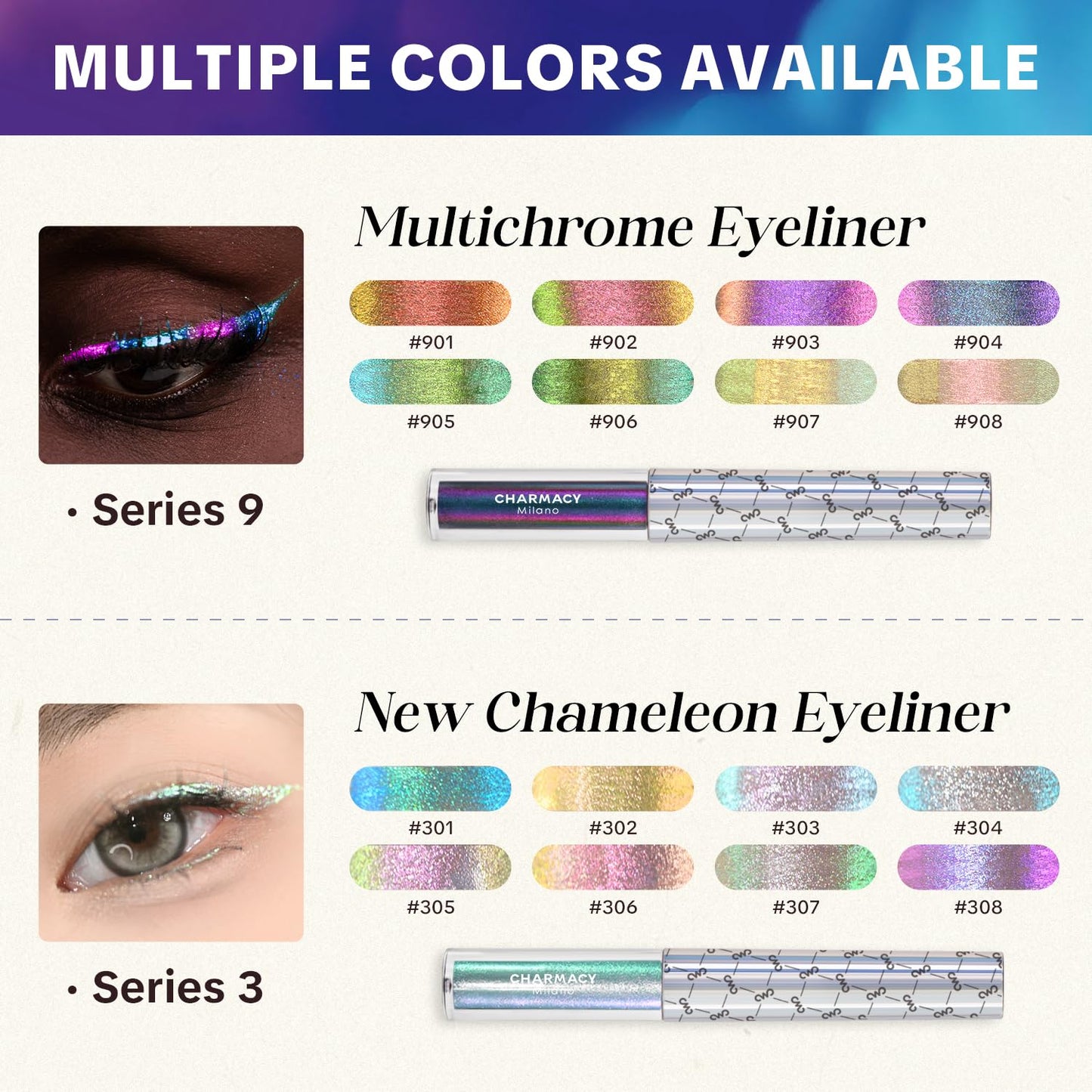 CHARMACY Chameleon Liquid Eyeliner, Intense Color Shifting, Waterproof Eye liner Gold Glitter Eyeliner, High Pigmented, Smudge Proof Formula,Ultra-Fine Tip,PALE YELLOW GOLD 907