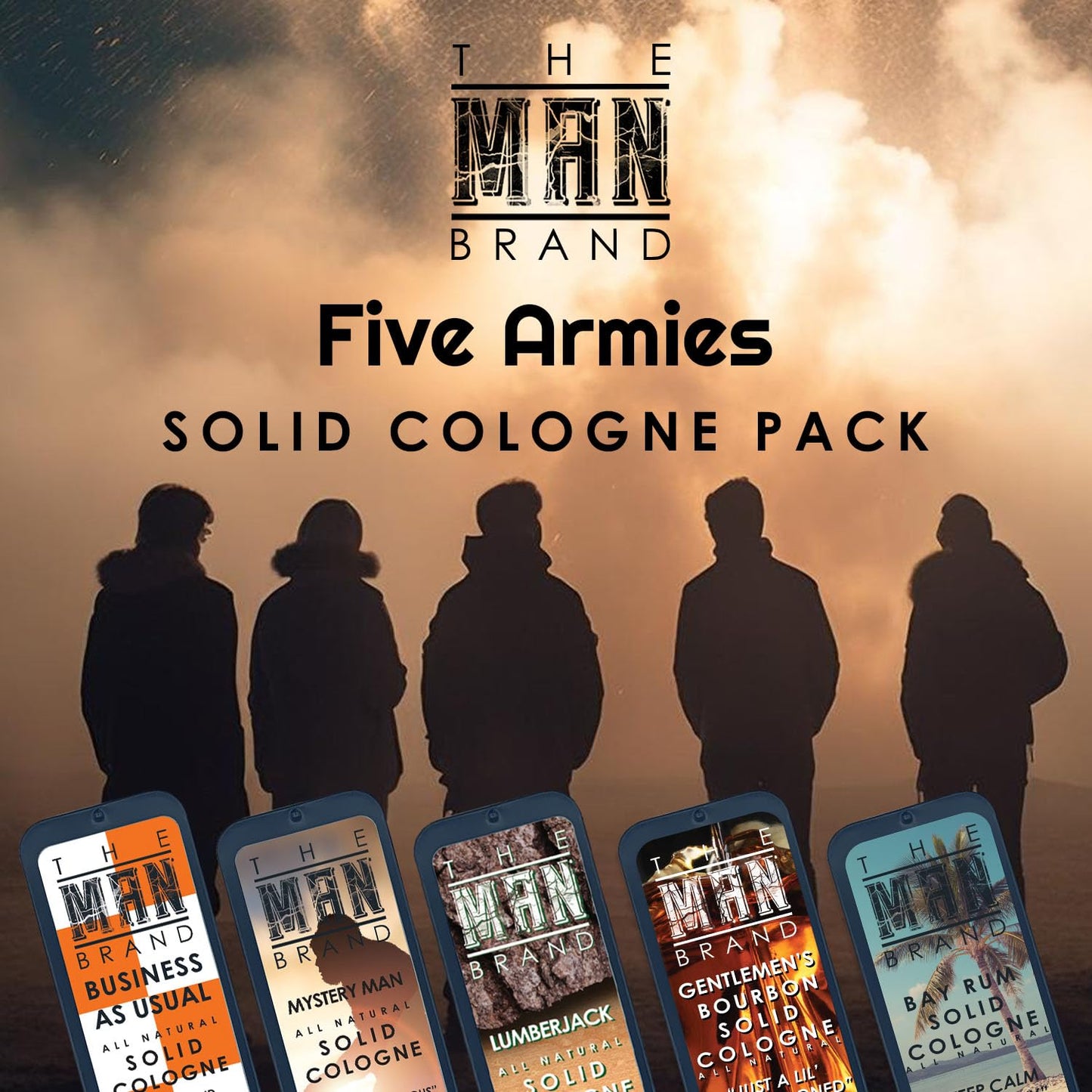 Solid Cologne Set of 5 with Bay Rum Solid Cologne, Bourbon Solid Cologne, Business As Usual, Lumberjack, and Mysetry Man Cologne - Solid Cologne Sampler Set (Five Armies - 5 Pack - 0.75 oz each)