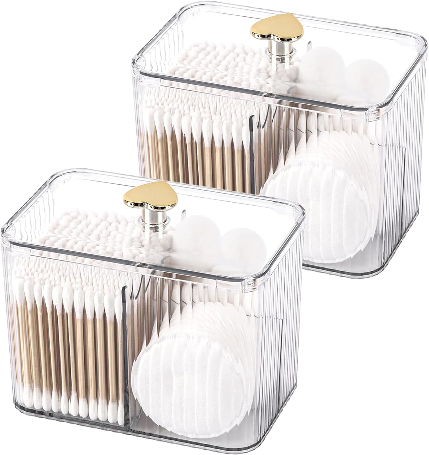Tbestmax Qtip Holder Dispenser 3-Section Clear Bathroom Organizer Jar 3 Grids Cotton Swab/Pad/Ball Holder Container Cosmetics Storage for Vanity(2 Pack)