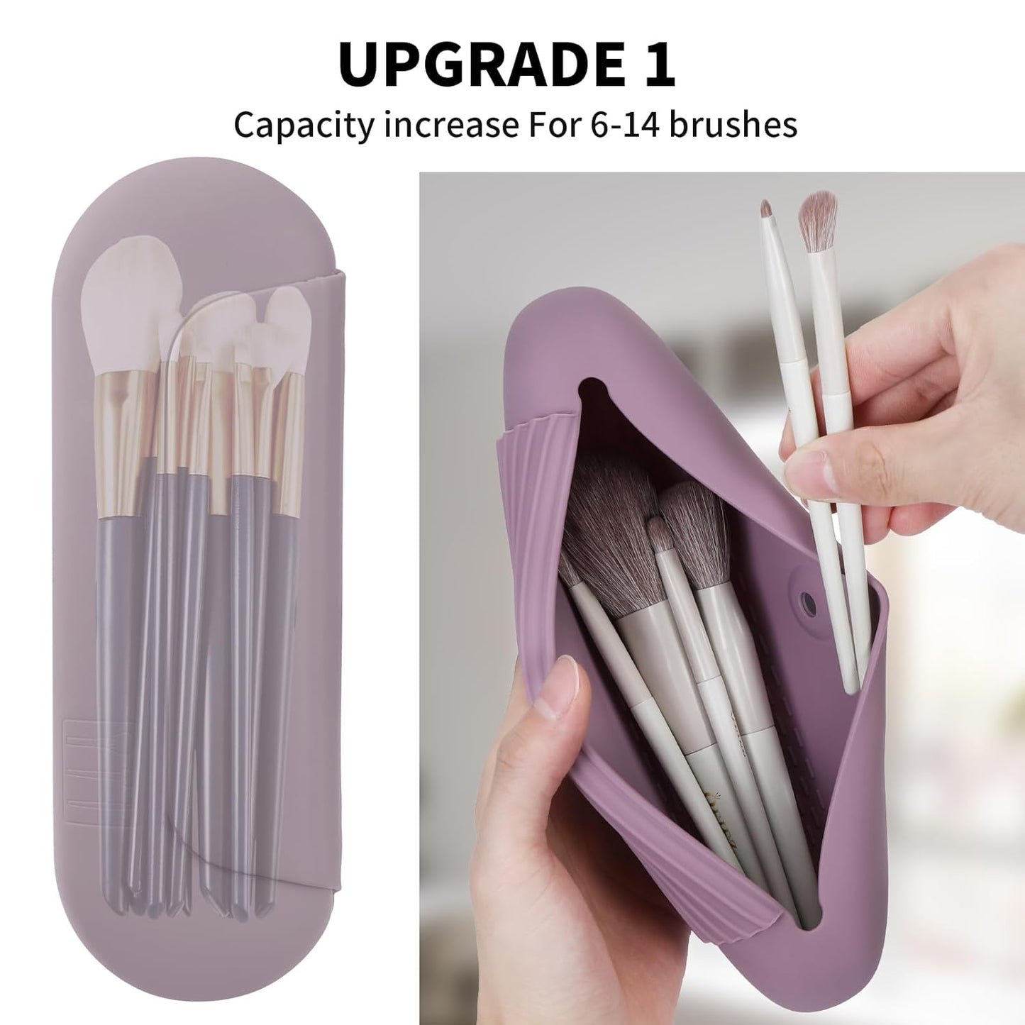 Silicone Makeup Brush Holder Travel Cosmetic Bag:Soft Portable Cosmetic Face Brushes Holder with Upgrade Anti-Fall Out Magnetic Closure, Large Travel Makeup Brush Case - Light Purple