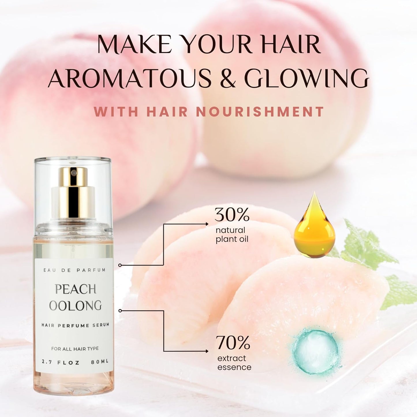 Hair Perfume for Women, Summer Lightweight Long Lasting Fragrance Mist - 3:7 Hydrating Serum Alcohol Free Formula, Argan Oil Scented Hair Spray with Keratin & Elastin (Peach Oolong) 2.7 fl oz