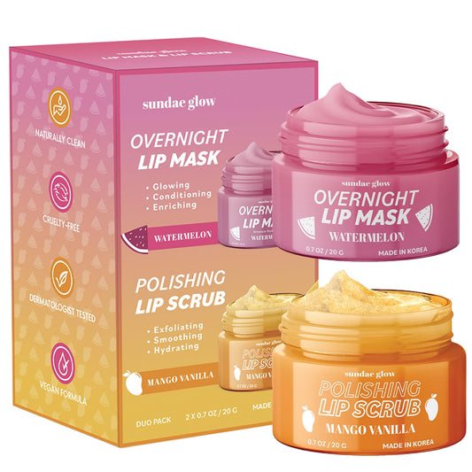 Mango, Vanilla & Watermelon Duo Lip Mask & Scrub - Dermatologist Tested, Anti-Aging, Korean Skin Care, Deep Hydration - Smooth, Soft & Plump Lips - Clean Beauty, Vegan, Non-GMO - 1 Pack