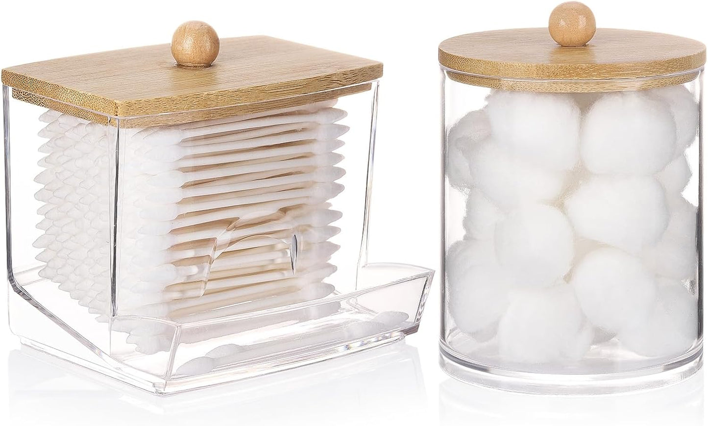 Tbestmax Qtips Dispenser, 10/12 oz Big Cotton Ball Holder Bathroom Container - Plastic Apothecary Jar Organizer for Storage Swabs, Rounds, Floss Picks - Bamboo Lids
