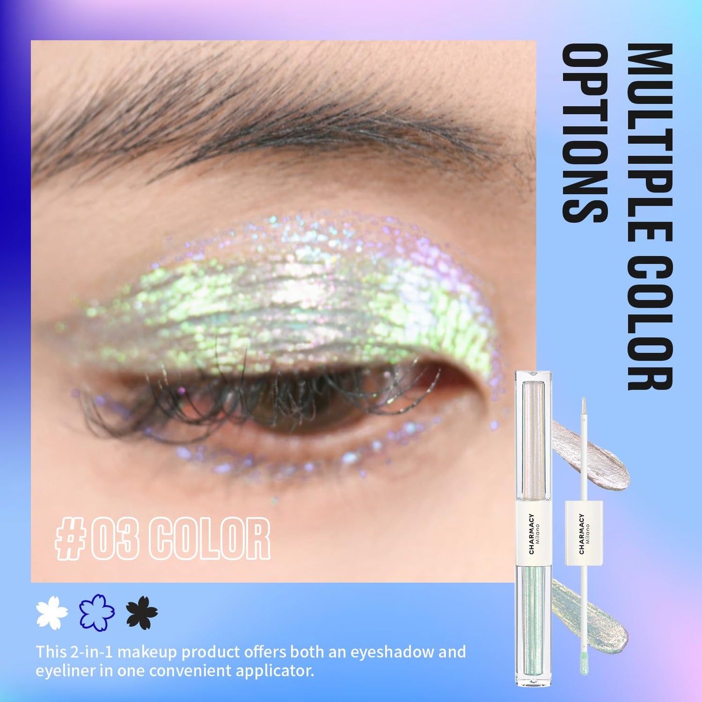 CHARMACY 2 in 1 Starlit Duochrome Liquid Eyeshadow, Glitter Sparkle Colorful Liquid Eyeliner, Quick Drying, High Pigmented, Long lasting Holographic Glitter Multichrome Eye Makeup #03