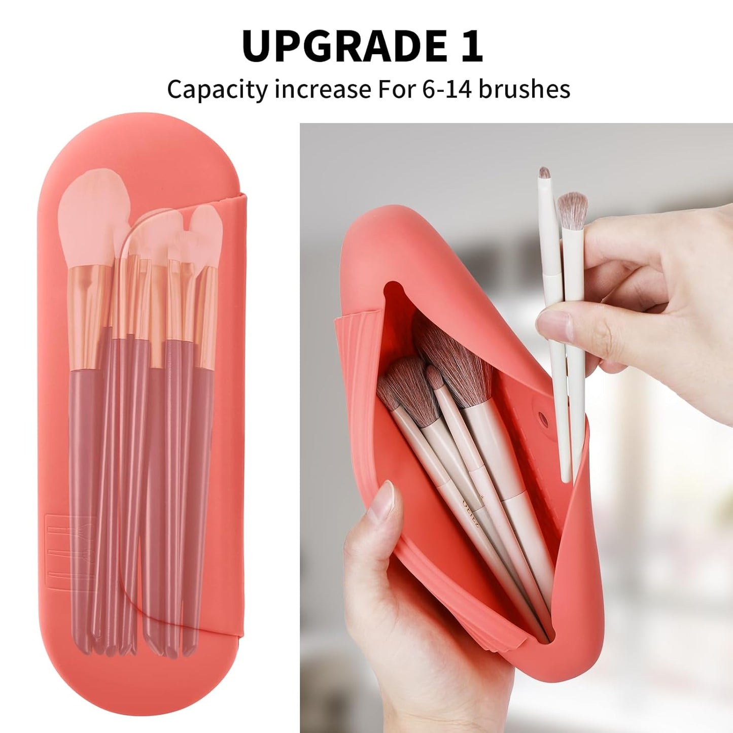 Silicone Makeup Brush Holder Travel Cosmetic Bag:Soft Portable Cosmetic Face Brushes Holder with Upgrade Anti-Fall Out Magnetic Closure, Large Travel Makeup Brush Case - Guava