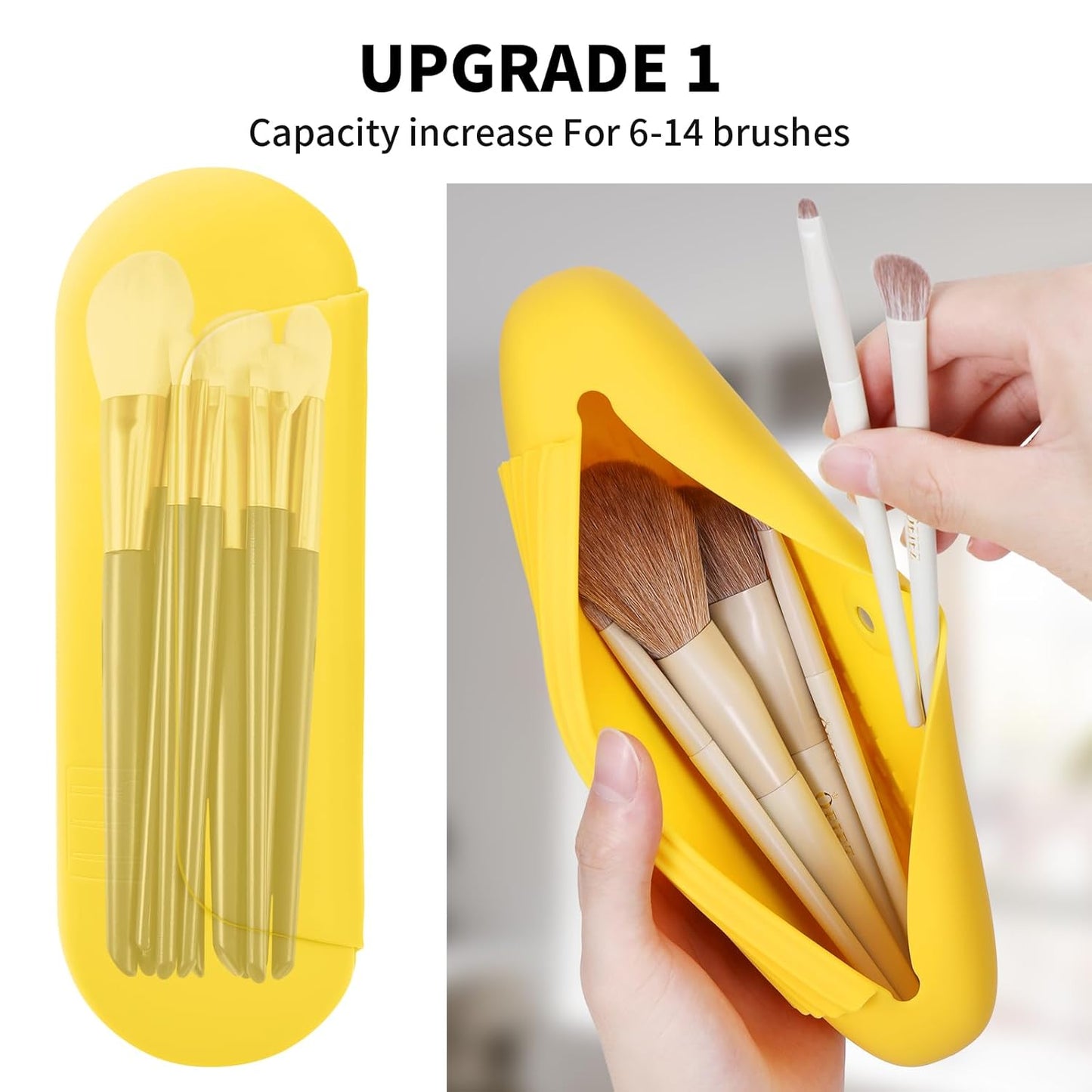 Silicone Makeup Brush Holder Travel Cosmetic Bag:Soft Portable Cosmetic Face Brushes Holder with Upgrade Anti-Fall Out Magnetic Closure, Large Travel Makeup Brush Case - Yellow