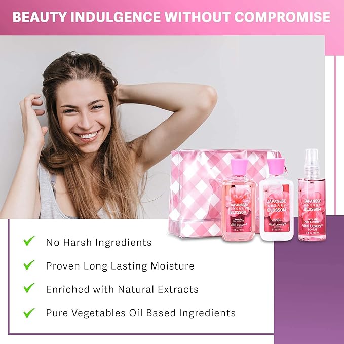 Bath & Body Care Travel Set - Home Spa Set with Body Lotion, Shower Gel and Fragrance Mist (Japanese Cherry Blossom)