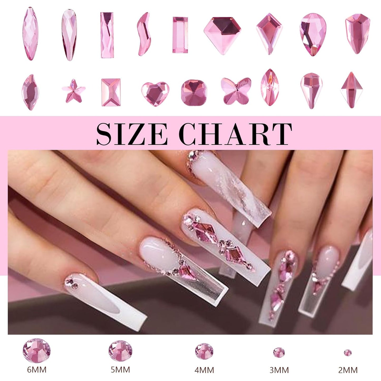 Canvalite 2900Pcs Pink Rhinestones for Nails, 18 Styles Multi Shape Nail Charms and Gems Shiny Glass Crystal Flatback Nail Rhinestones Set for Nail Art with Rhinestone Picker and Tweezers