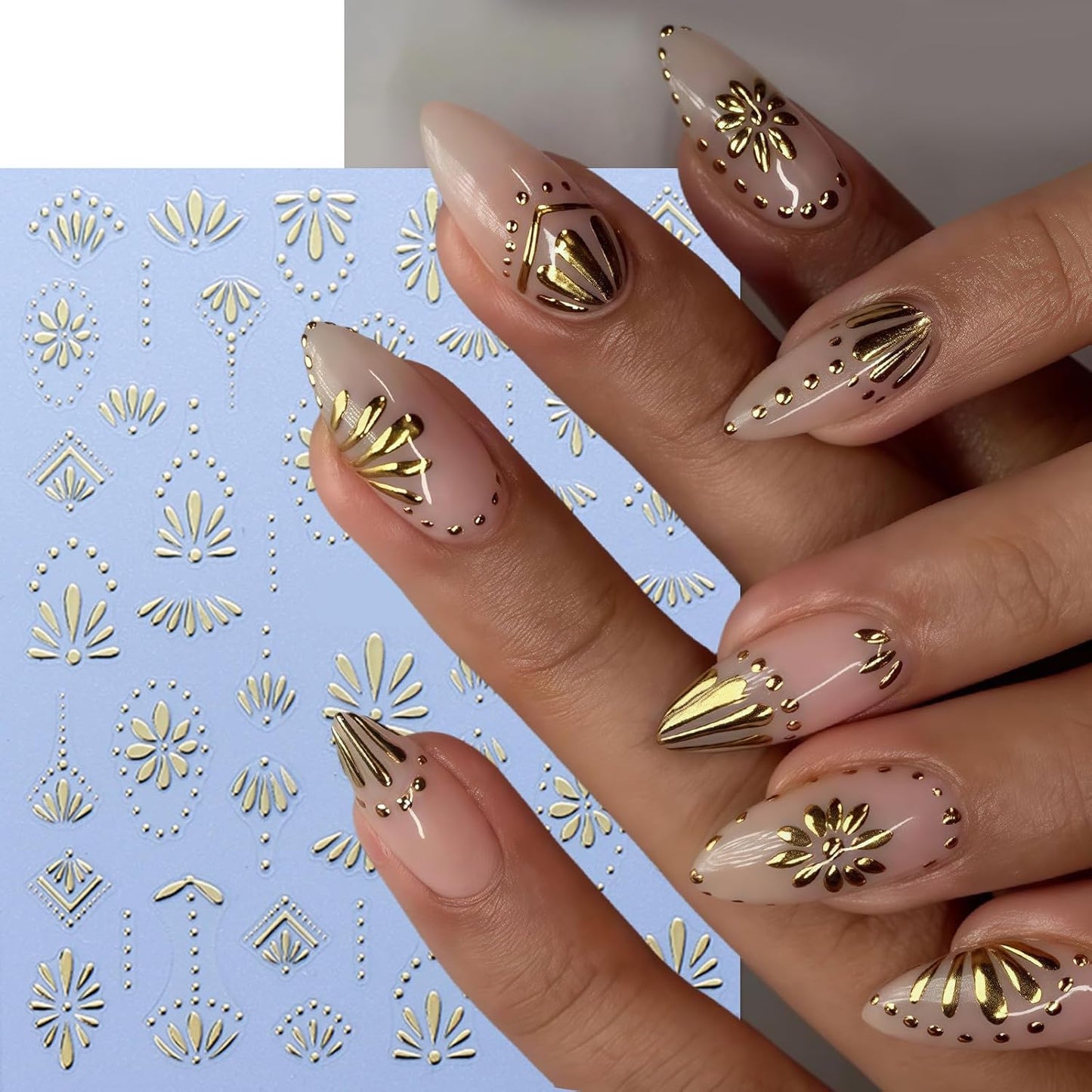 6 Sheets Bohemian Nail Stickers for Nail Art 3D Self-Adhesive Flower Nail Art Stickers Gold Silver Floral Nail Decals Bohemian Style Retro Blue Manicure Art Decoration Charms for Women Nails Supplies