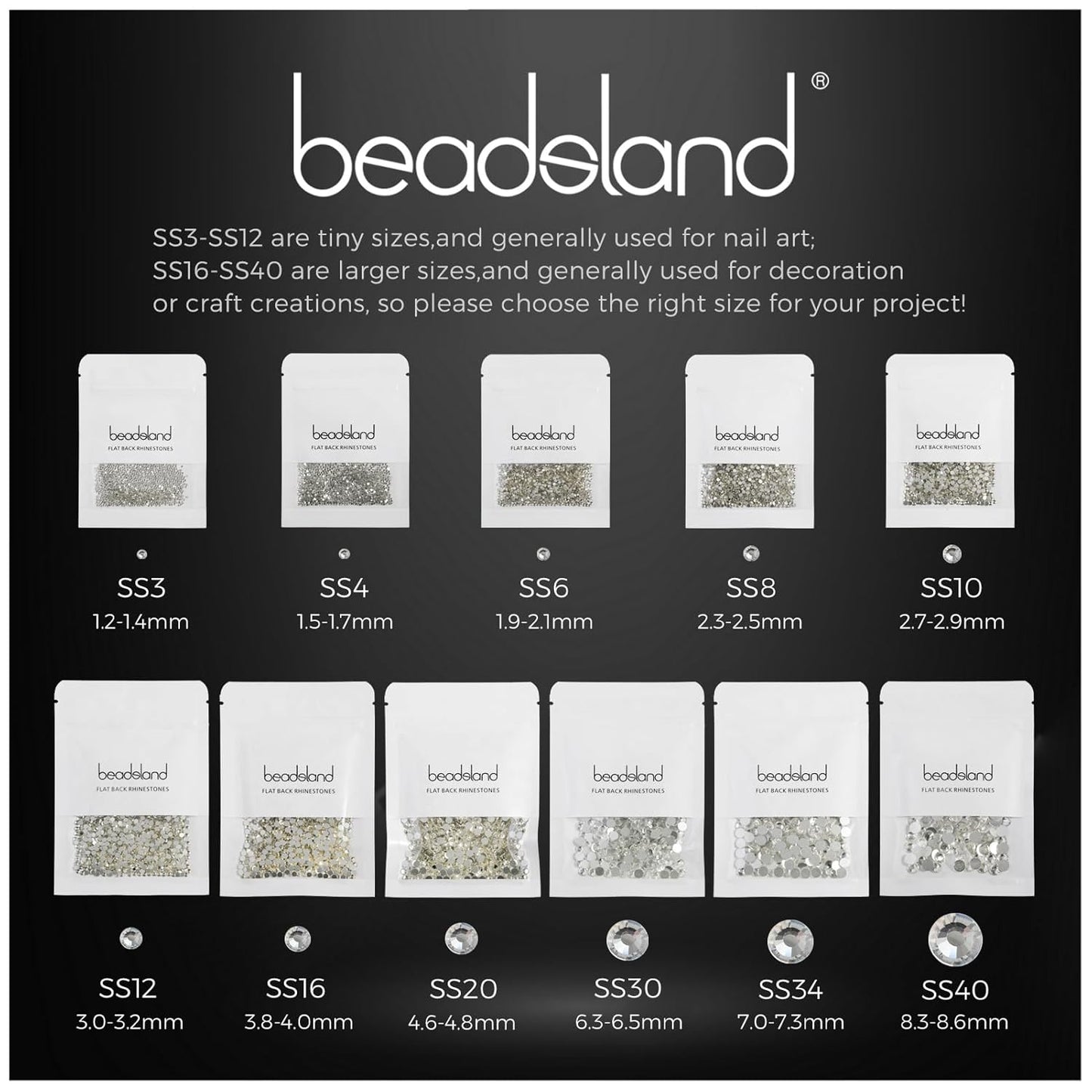 beadsland Flat Back Crystal Rhinestones Round Gems for Nail Art and Craft Glue Fix,Black Diamond (6.4-6.6mm) SS30/288pcs