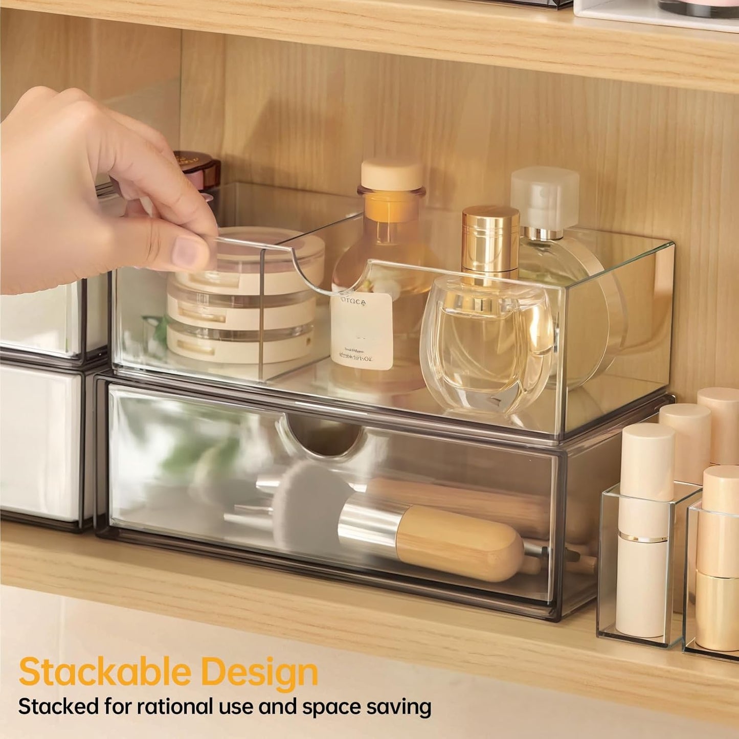 Medicine Cabinet Organizer 2 Pack, Stackable Storage Drawers with Removable Divider, Make Up Organizer for Bathroom Mirror Cabinets, Vanity, Closet, Countertop - Clear