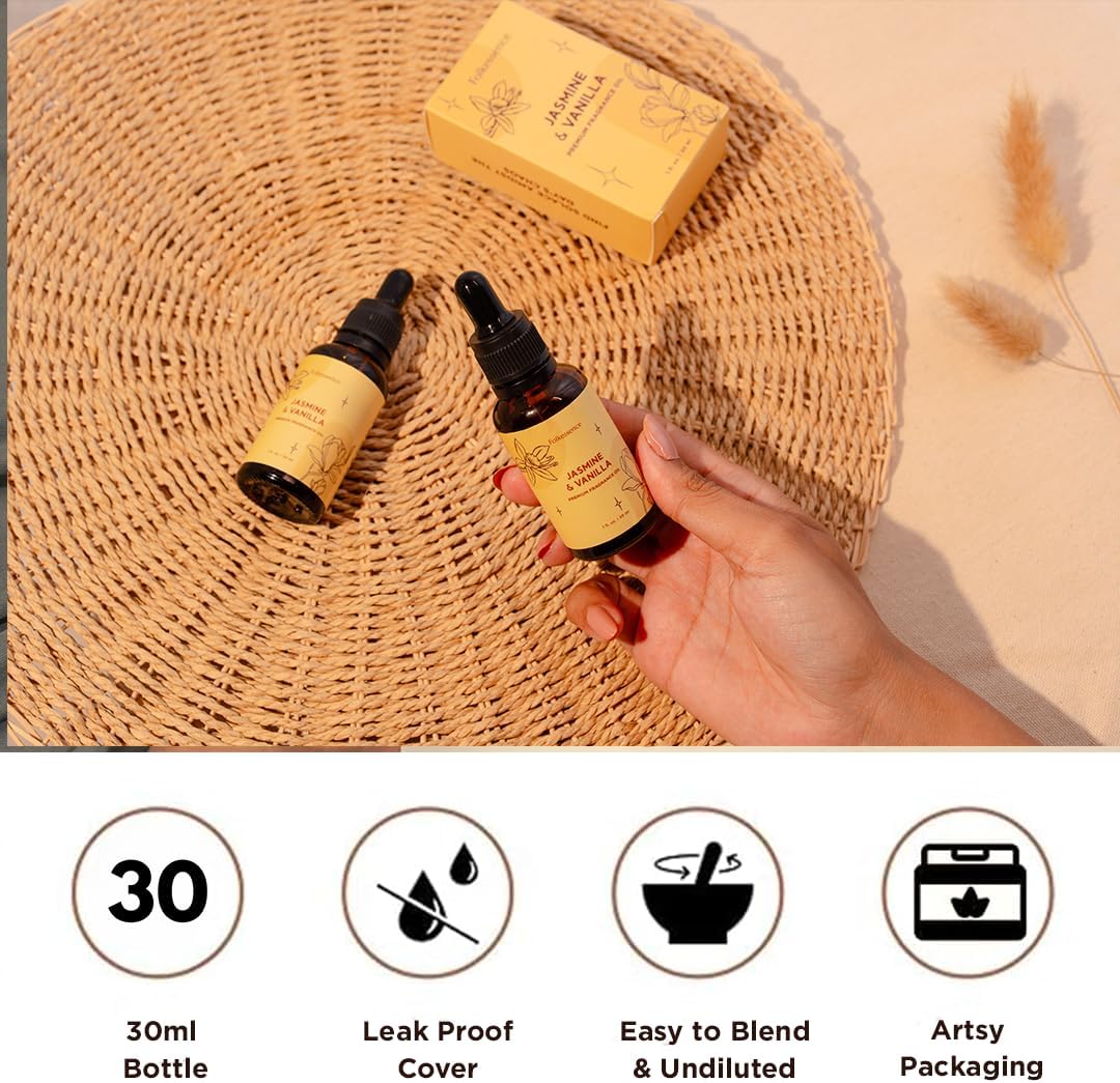 Folkulture Premium Essential Oil Blends for Diffuser for Home | 1.01 Fl Oz Vanilla Essential Oils for Aromatherapy | Jasmine Fragrance Oils for Soap & Candle Making Scents | Diffuser Oil for Massage