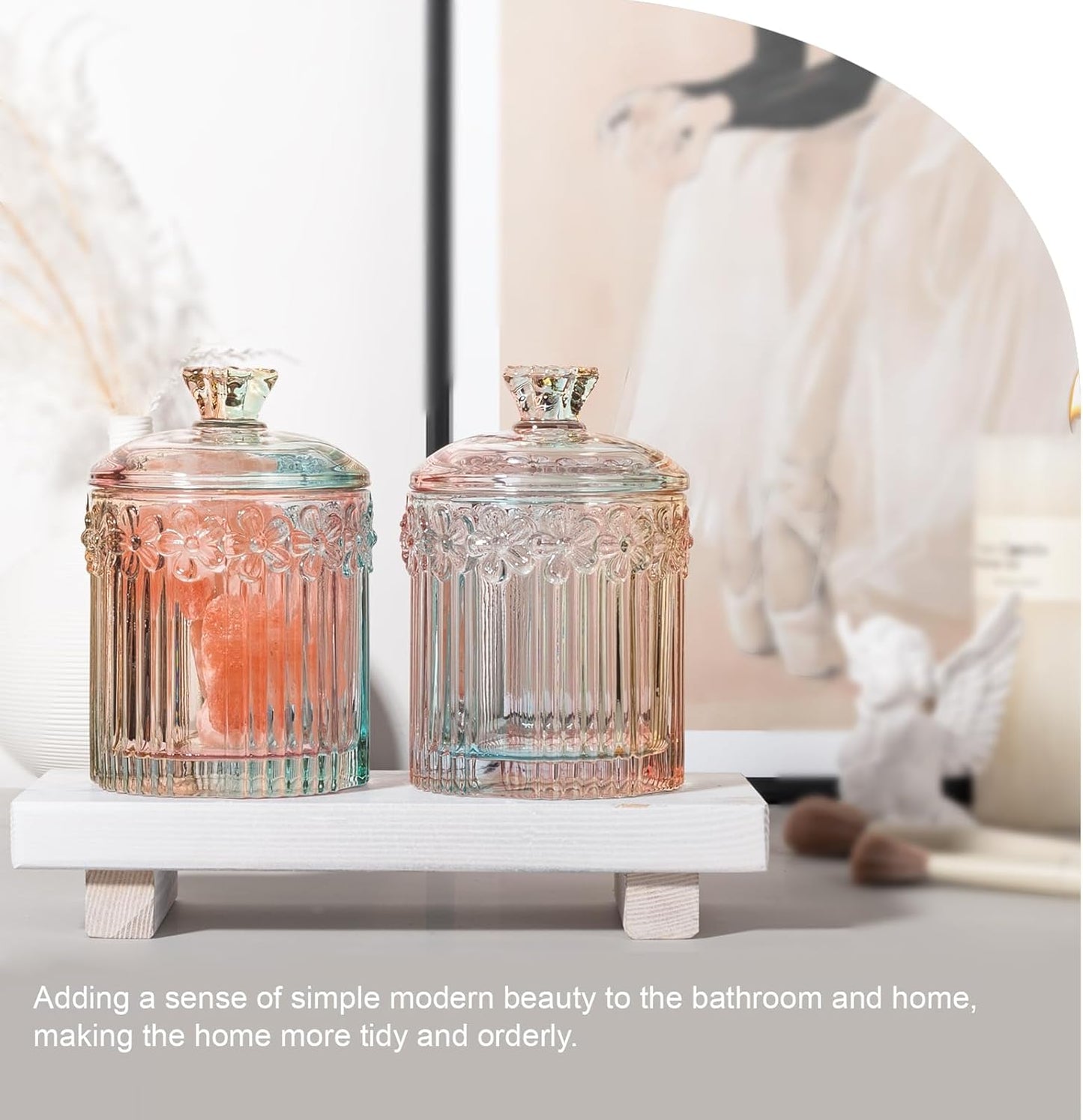 rejomiik 2 Pack Qtip Holder Glass Apothecary Jars with Lids Set Bathroom Canisters Dispenser Organizers and Storage for Cotton Swabs, Balls, Pads, Floss Picks, Candy, Rainbow