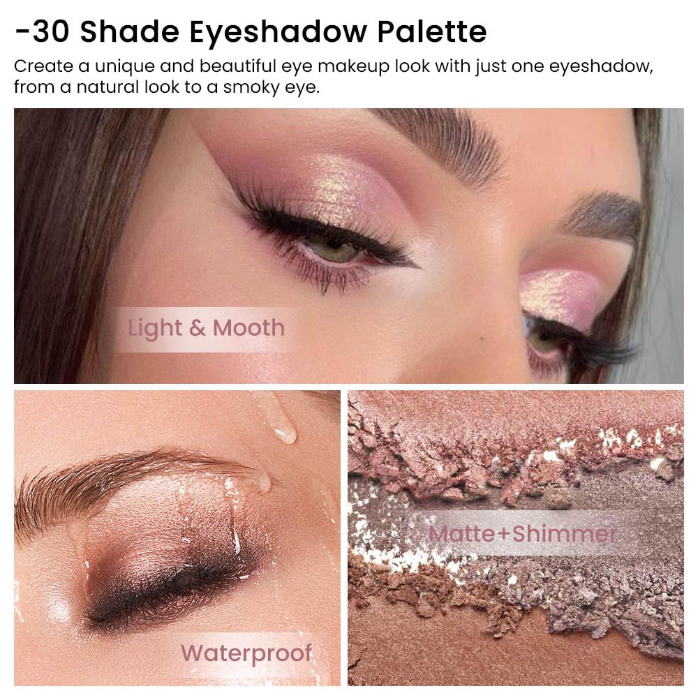 30 Colors Nude Champagne Gold Matte Shimmer Eyeshadow Palette with Brush for Eye Makeup,High Pigmented Pink Purple Brown Eye Shadow Primers Powder Palet de sombras de ojos-Big30