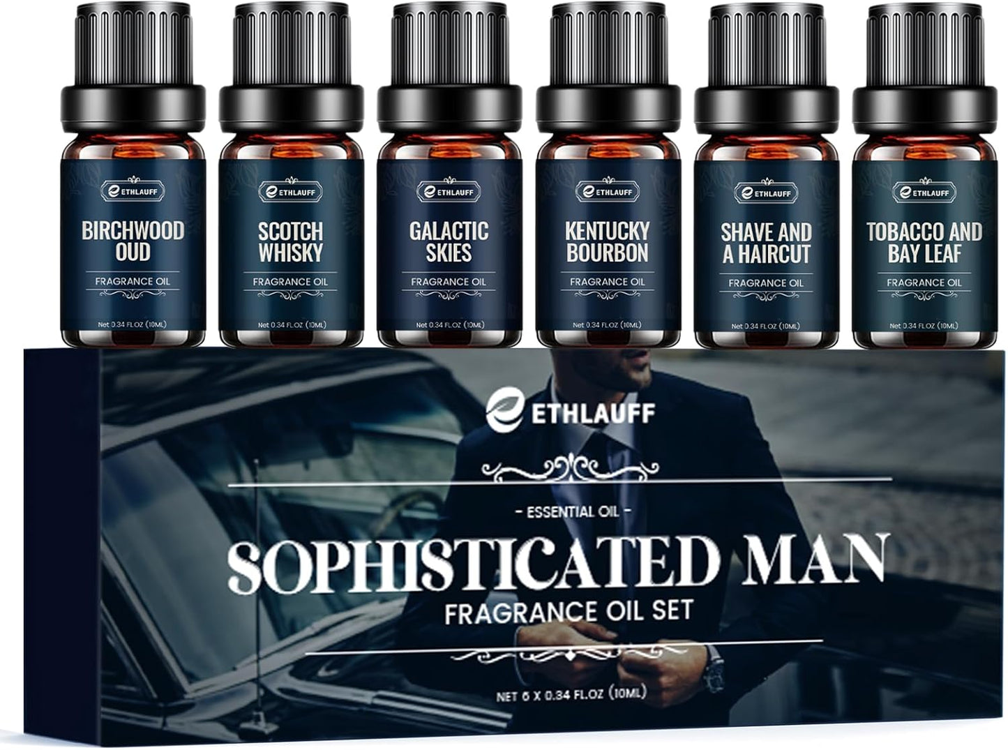 Men Essential Oils Set - TOP 6 Gentlemen's Fragrance Oil for Diffuser, Candle & Soap Making - Tobacco and Bay Leaf, Kentucky Bourbon, Galactic Skies, Scotch Whisky, Birchwood Oud