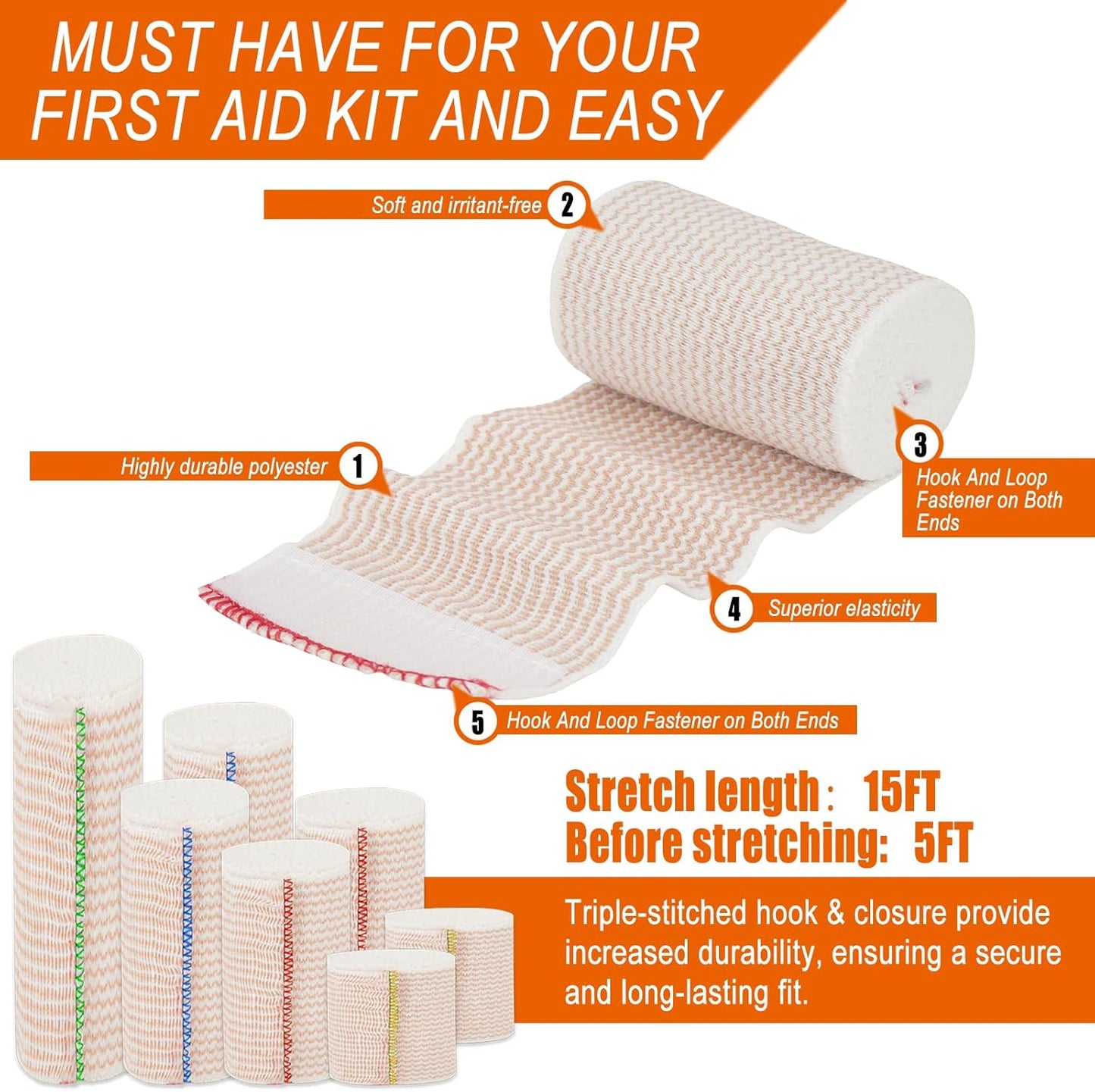 Premium Elastic Bandage Wrap 3 inch 6 Pack Reusable Versatile Self-Closing Compression Bandage Wraps for Ankles, Wrists Knee, Tummy and Body Cotton Lymphedema Wraps for Legs Latex-Free