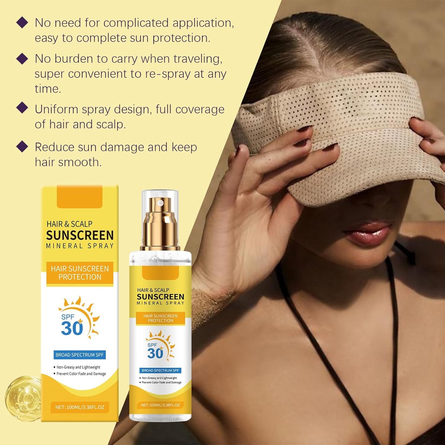 100 ML Hair and Scalp Sunscreen Spray SPF 30, Weightless Invisible Mist UV Protection Hair and Scalp Sunscreen Spray Non Greasy.