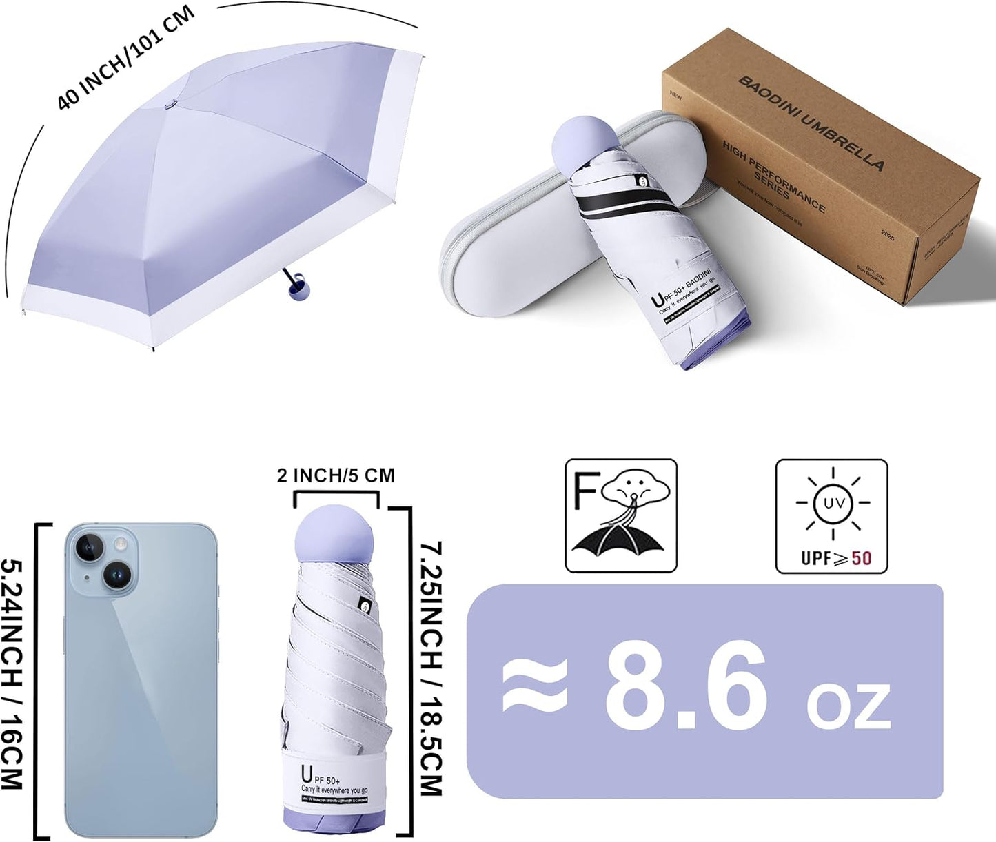 BAODINI Travel Mini Umbrella for Purse With Case Small Compact UV Sun Protection Sun Lightweight Tiny Pocket Umbrella for Women Kids and Men