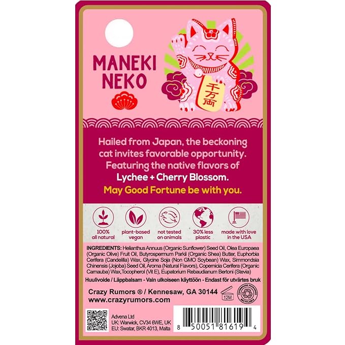 Crazy Rumors Happy Juju All Natural, Plant-Based Lip Balm with Organic Shea & Jojoba 1 Pack (Maneki Neko)