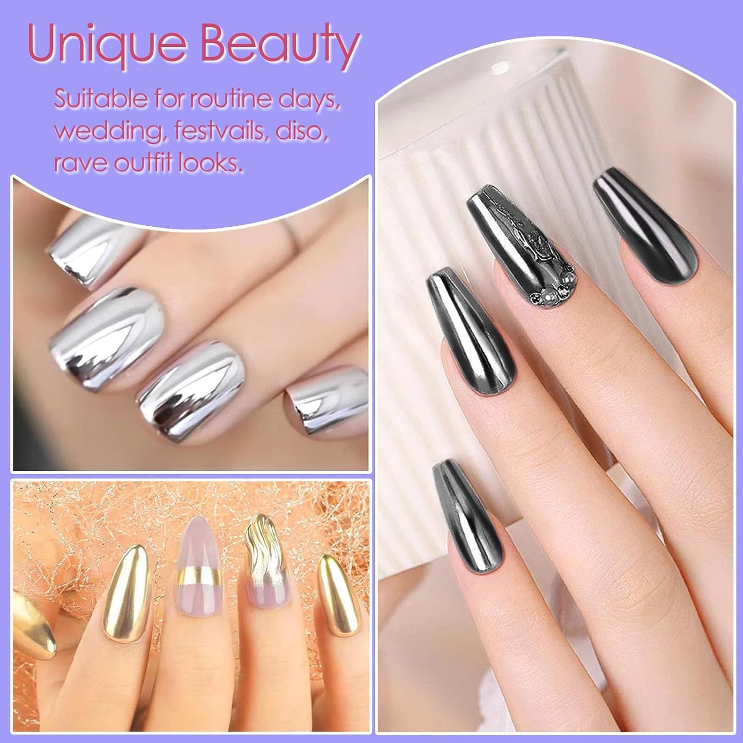 Allstarry Chrome Nail Powder Kit - 32 Colors Metallic Mirror Effect Holographic Manicure Pigment Glitter Powder for Nail Art Decoration Gel Polish with 32 Pcs Eyeshadow Sticks