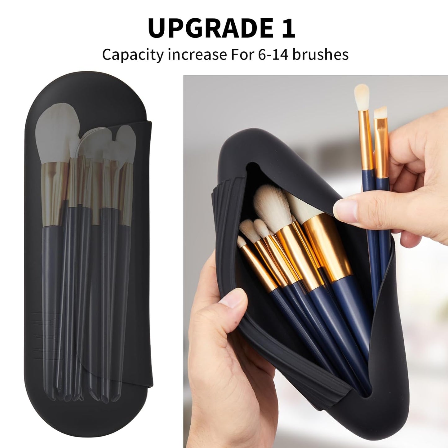 Silicone Makeup Brush Holder Travel Cosmetic Bag:Soft Portable Cosmetic Face Brushes Holder with Upgrade Anti-Fall Out Magnetic Closure, Large Travel Makeup Brush Case - Black