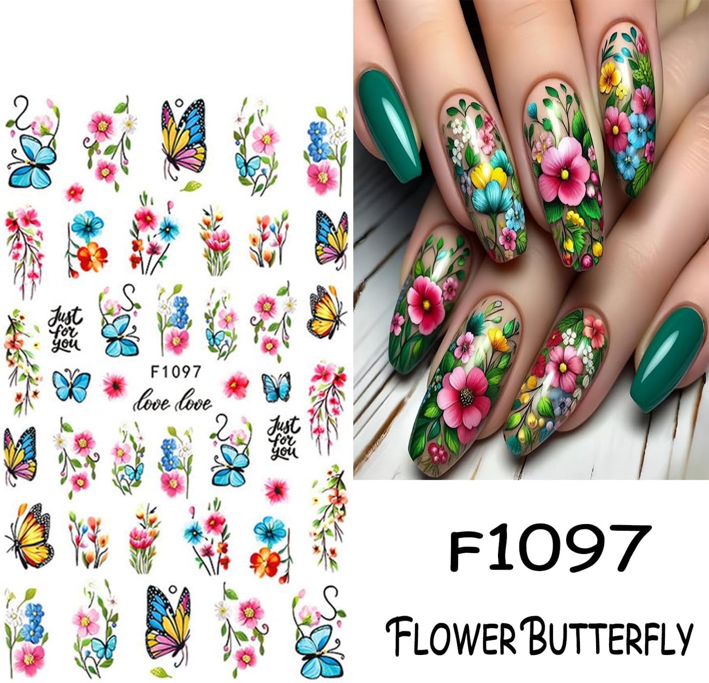 8 Sheets Butterfly Flower Nail Art Stickers 3D Self-Adhesive Spring Summer Nail Sticker Flower Nail Art Decals Holographic Blossom Nail Decal Decoration for Women Colorful Butterfly Manicure Supplies