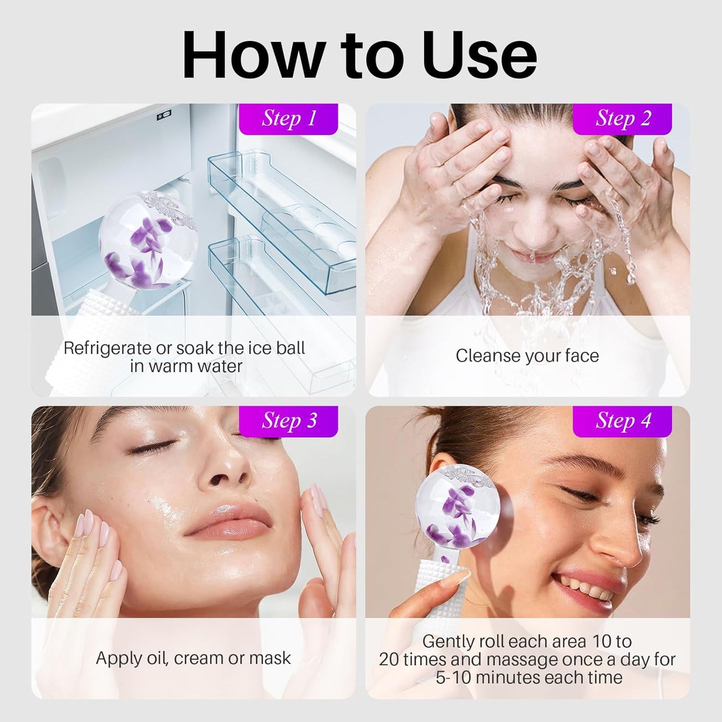 Ice Globes & Ice Roller for Face and Eyes - Facial Massage Tools for Skin Care, Reduce Wrinkles & Puffiness, Cooling Globes & Roller Ball for Glowing Skin 2PCS (Purple)