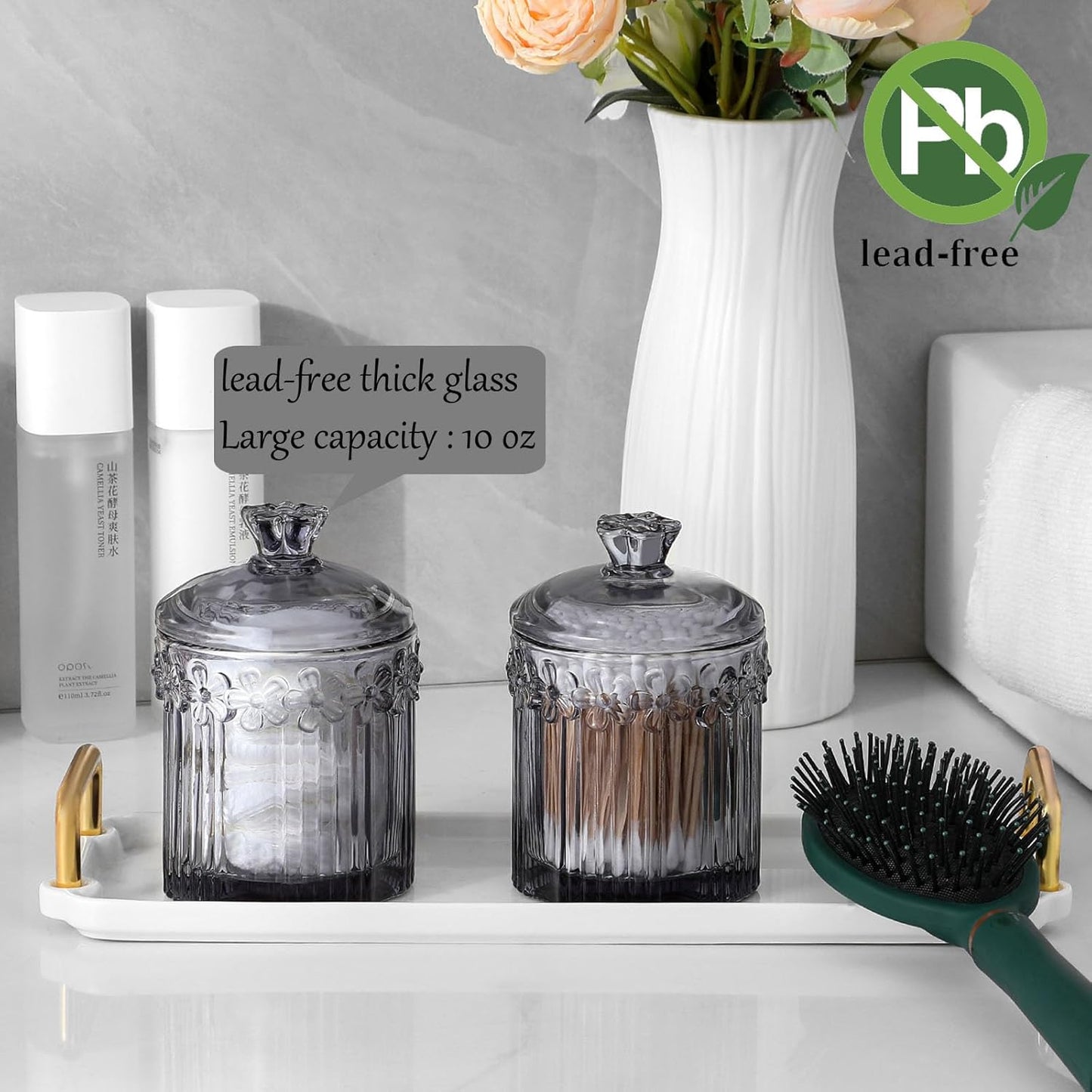 rejomiik 2 Pack Qtip Holder Glass Apothecary Jars with Lids Set Bathroom Canisters Dispenser Organizers and Storage for Cotton Swabs, Balls, Pads, Floss Picks, Candy, Grey