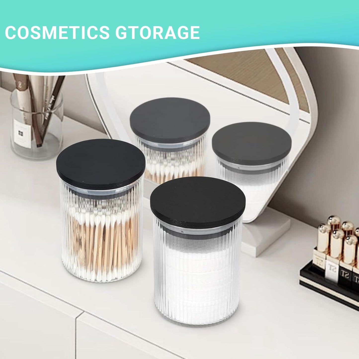 2 Pack Ribbed Glass Qtip Holder Dispenser Set - Apothecary Jars with Lids - Bathroom Canister Storage Organizer and Vanity Makeup Organizer for Cotton Ball, Cotton Swab, Cotton Round Pads,Floss