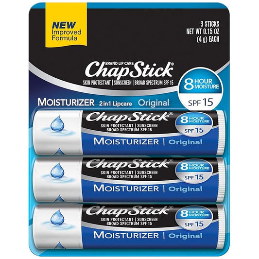 ChapStick Moisturizer Original Lip Balm Tubes, SPF 15 and Skin Protectant - 0.15 Oz (Pack of 3)
