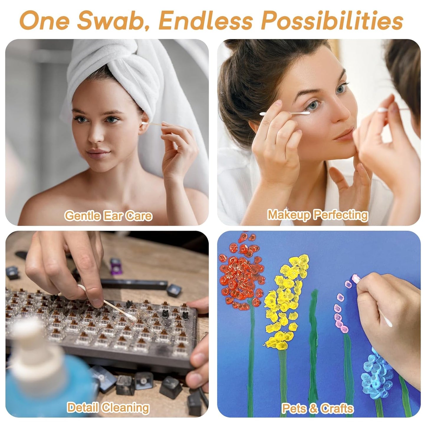 Bamboo Cotton Swabs 1000 Counts in Storage Box, Organic Cotton Buds with Durable Bamboo Sticks, Biodegradable Swabs for Makeup, Ear Care, Cleaning, Pet Grooming, Crafts(Pointed+Round Tips)