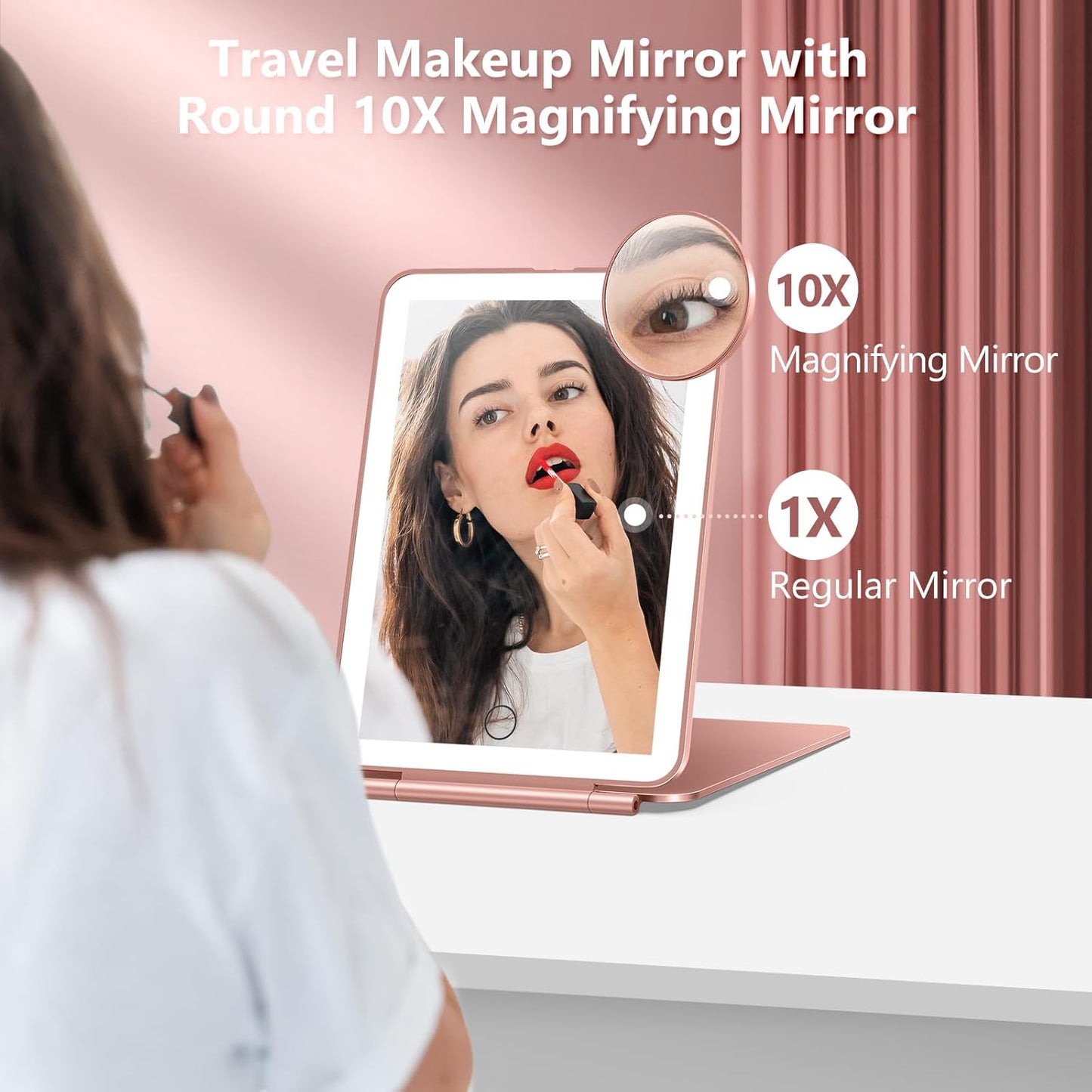 Rechargeable Travel Makeup Mirror, Vanity Mirror with 80LEDs, 3 Color Lighting, 2000mAh Battery, Portable Ultra Slim Lighted Makeup Mirror, Gift for Women (Rose Gold)